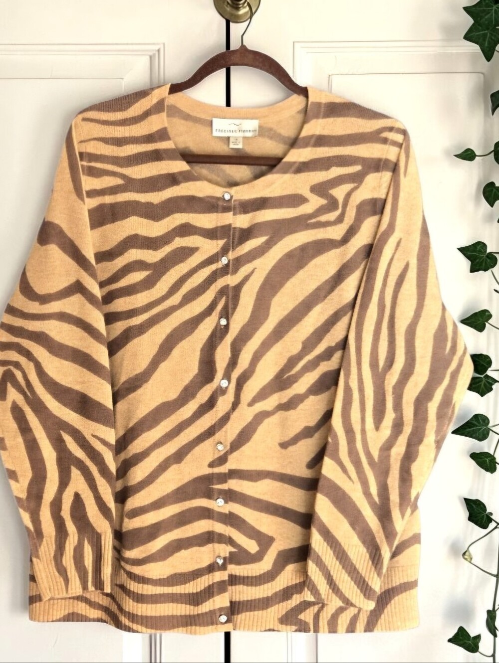 Precious Fibers Cashmere Cardigan Animal Print Rhinestone Buttons 1X Tribal Glam